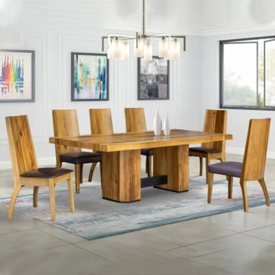 Mimosa Dining Set: Dining Table Wooden Top; (220x100x76)cm + 8 Side Chairs, White Acacia