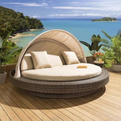 Huge Garden Patio Round Reclining Daybed Sofa Canopy Brown - Beige