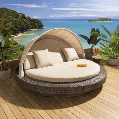 Huge Garden Patio Round Reclining Daybed Sofa Canopy Brown - Beige