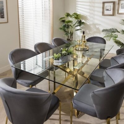 8 Seater Large Gold Pedestal Glass Table & Grey Velvet Chairs