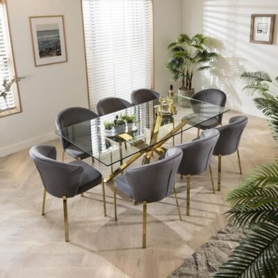 8 Seater Large Gold Pedestal Glass Table & Grey Velvet Chairs