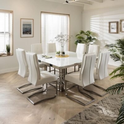 8 Seater Square Table & Leather Chairs Dining Set Grey White