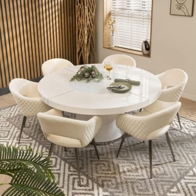 Lucy 6 Seater Round Dining Set Leather White