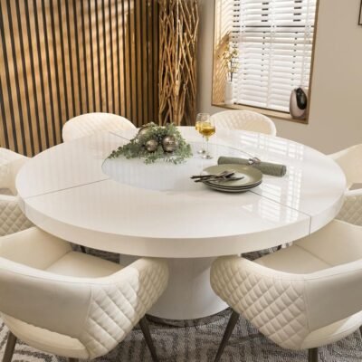 Lucy 6 Seater Round Dining Set Leather White