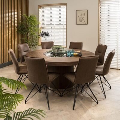 Detroit 8 Seater Round Dining Set Walnut & Brown