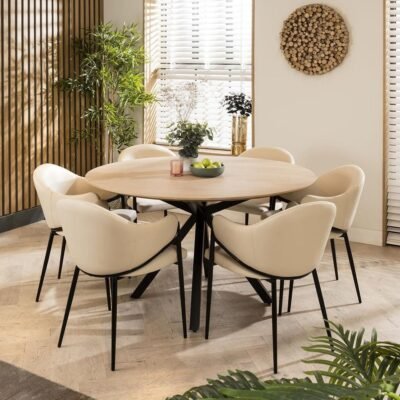 Ashley Natural Solid Round Wooden 6 Chair Dining Set Cream Clay